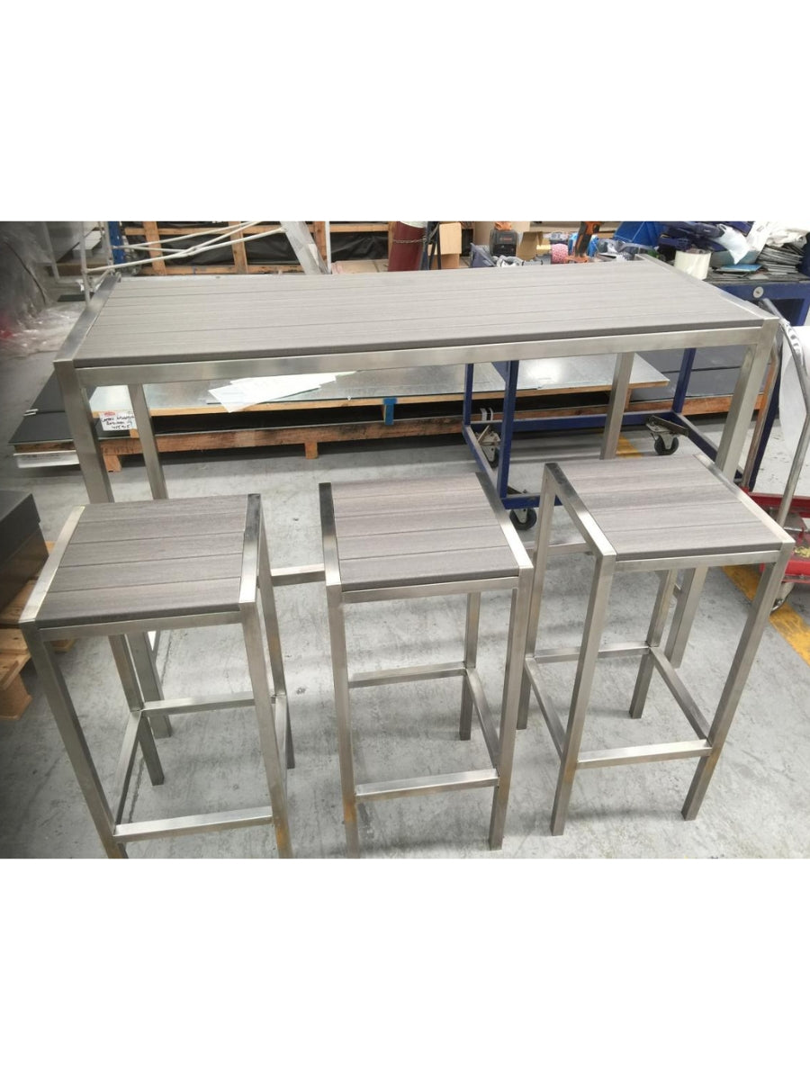Catten Industries factory completed  stainless steel frame with ModWood Silver Gum table top Outdoor Bar Table