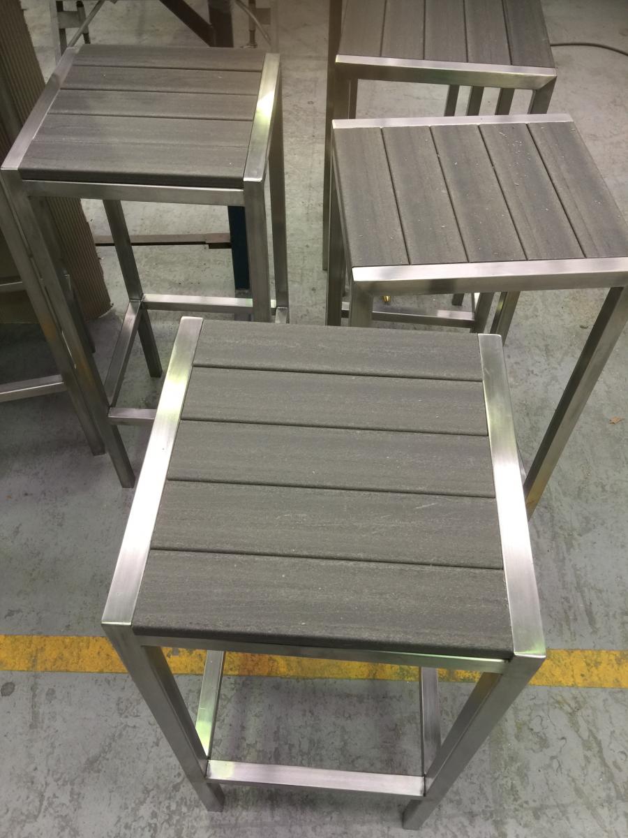 Catten Industries factory completed  stainless steel frame with ModWood Silver Gum seat Outdoor Bar Stool