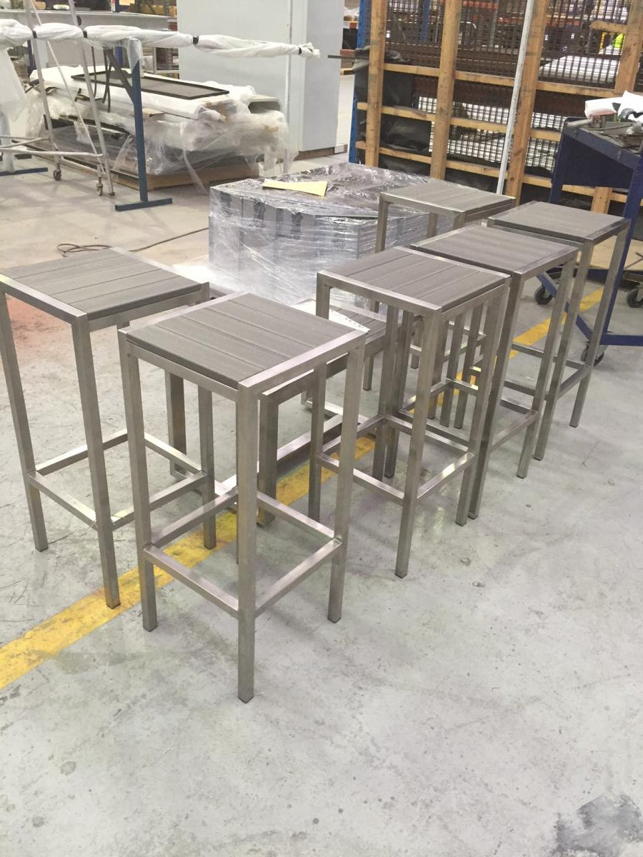 Catten Industries factory completed  stainless steel frame with ModWood Silver Gum seat stools