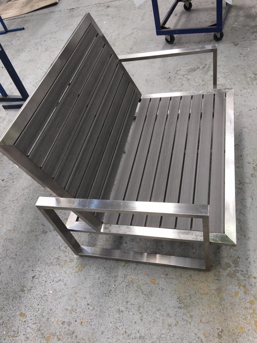 Catten Industries factory completed  stainless steel frame with ModWood Silver Gum seat outdoor chair