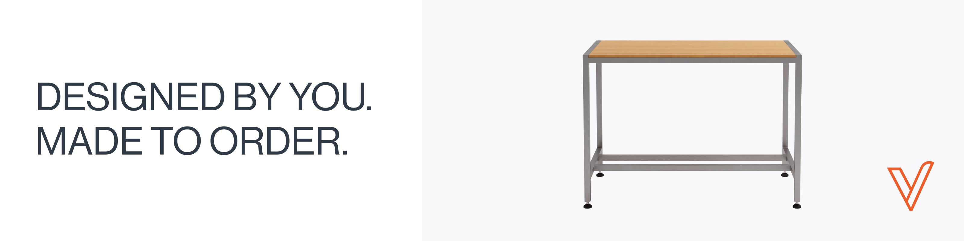 Stainless steel frame and ModWood Sahara tabletop LaTink Outdoor Bar Table with 'Designed by you. Made to order.' text on a white background.