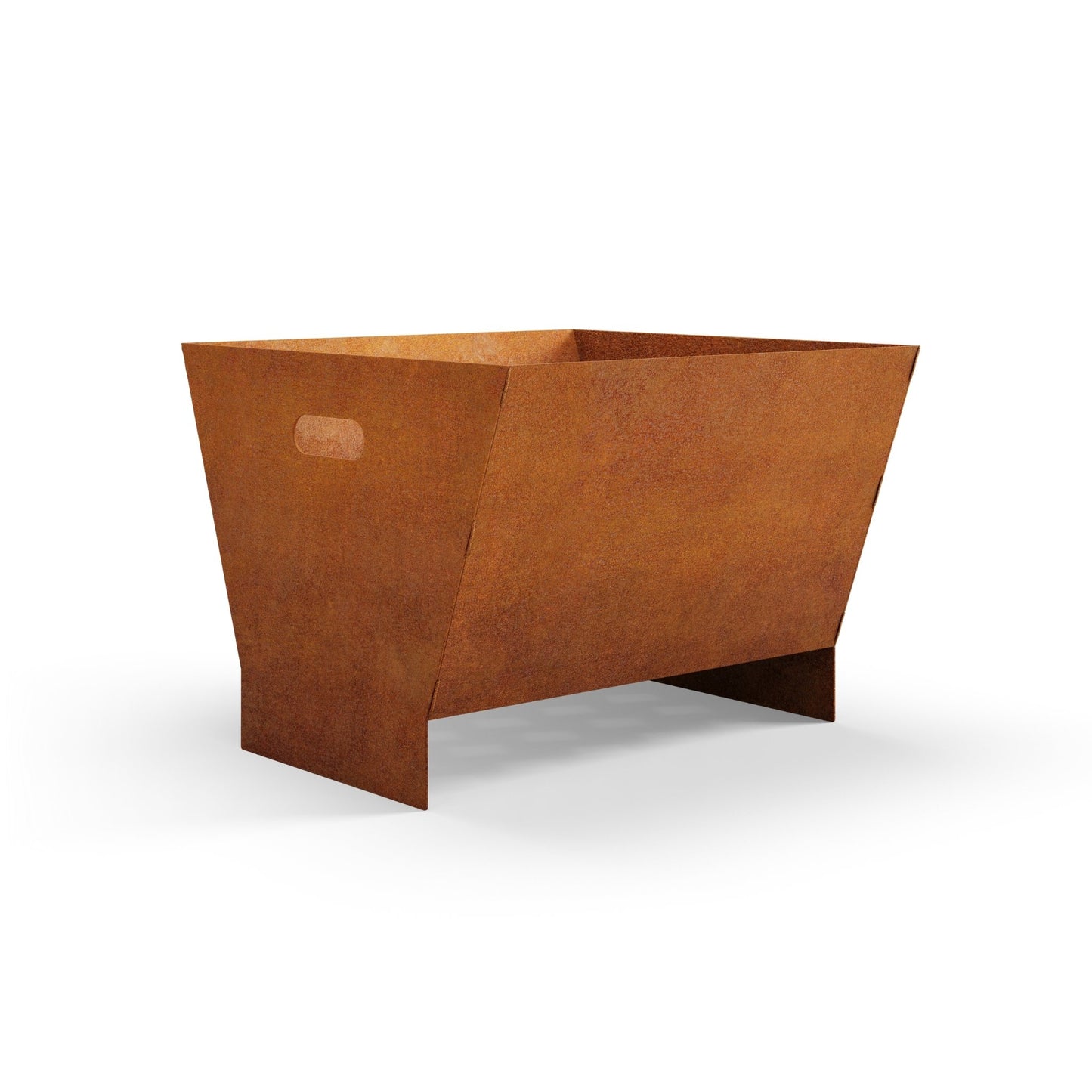 LaTink custom corten steel fire pit tilt view showing weathered rust patina