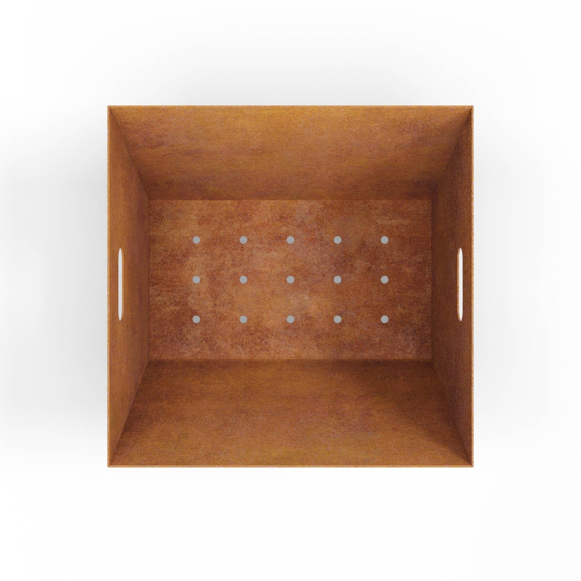 LaTink custom corten steel fire pit top view with laser cut hole pattern detail