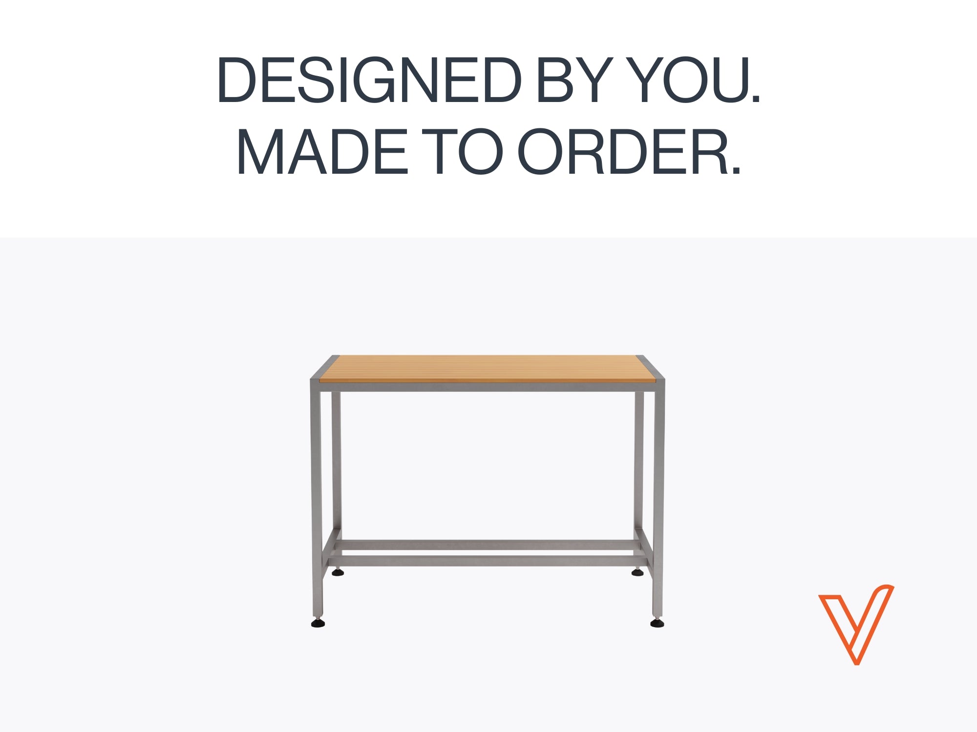 Stainless steel frame and ModWood Sahara tabletop LaTink Outdoor Bar Table with 'Designed by you. Made to order.' text on a white background.